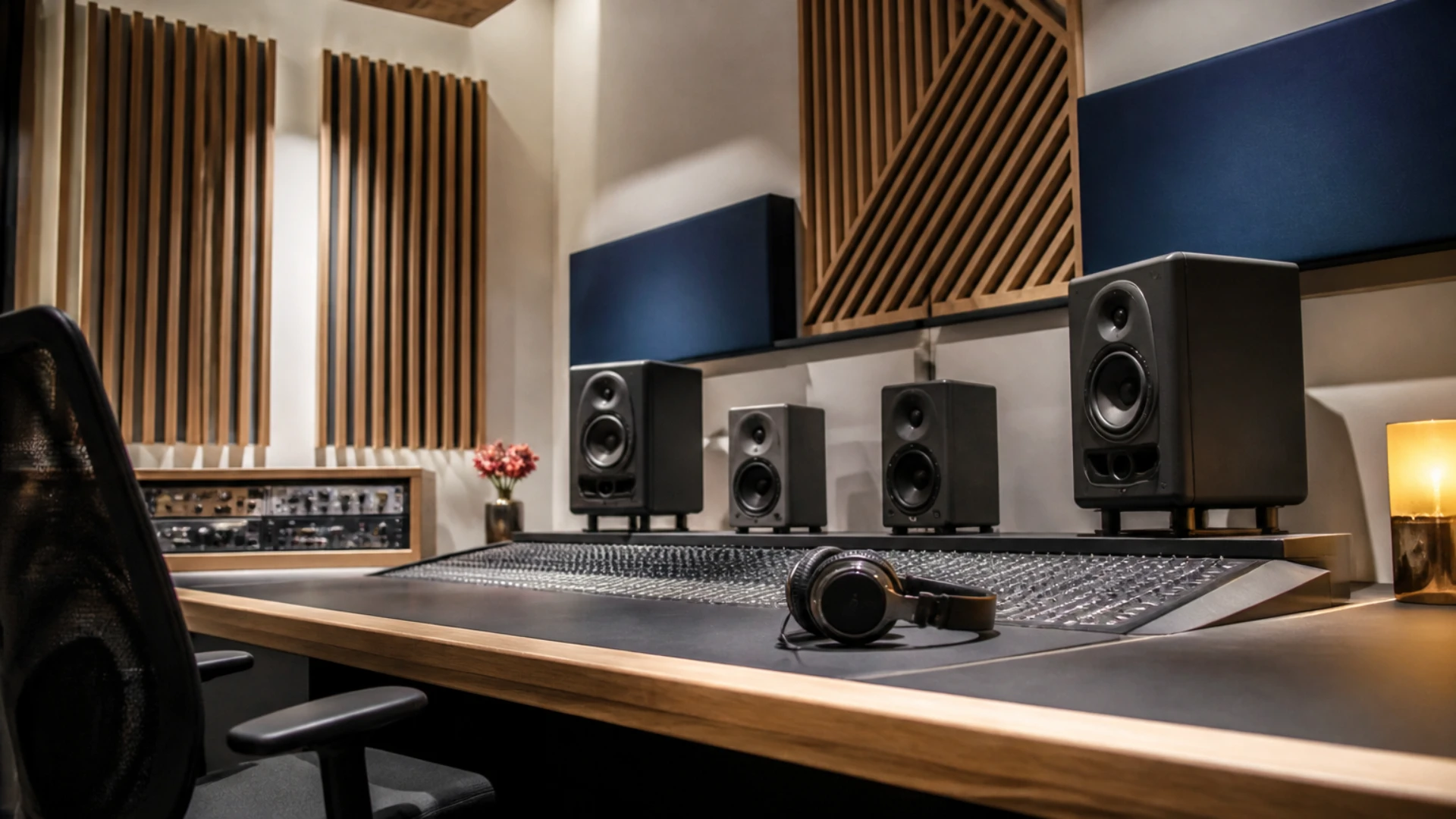 Console de mixage éteinte et casque posé dans un studio d'enregistrement au repos