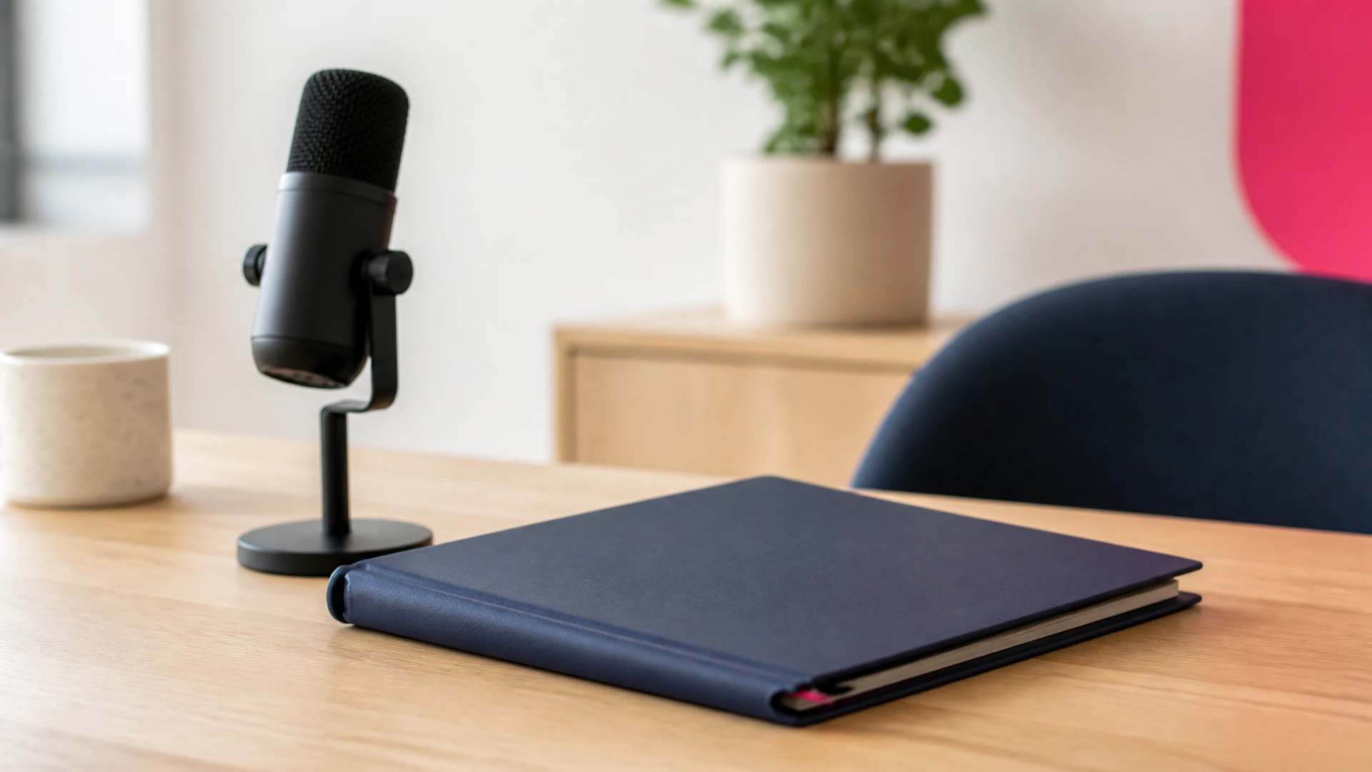 Contrat relié fermé posé à côté d'un microphone de studio sur un plan de travail