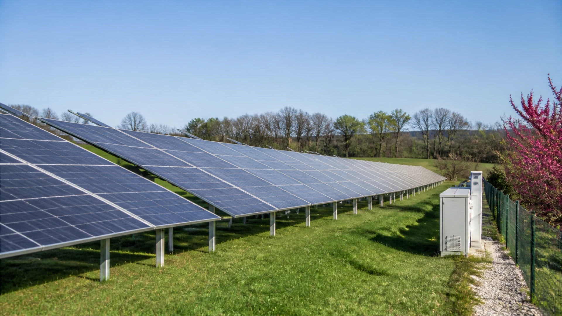 Champ de panneaux photovoltaïques alignés sous un ciel dégagé