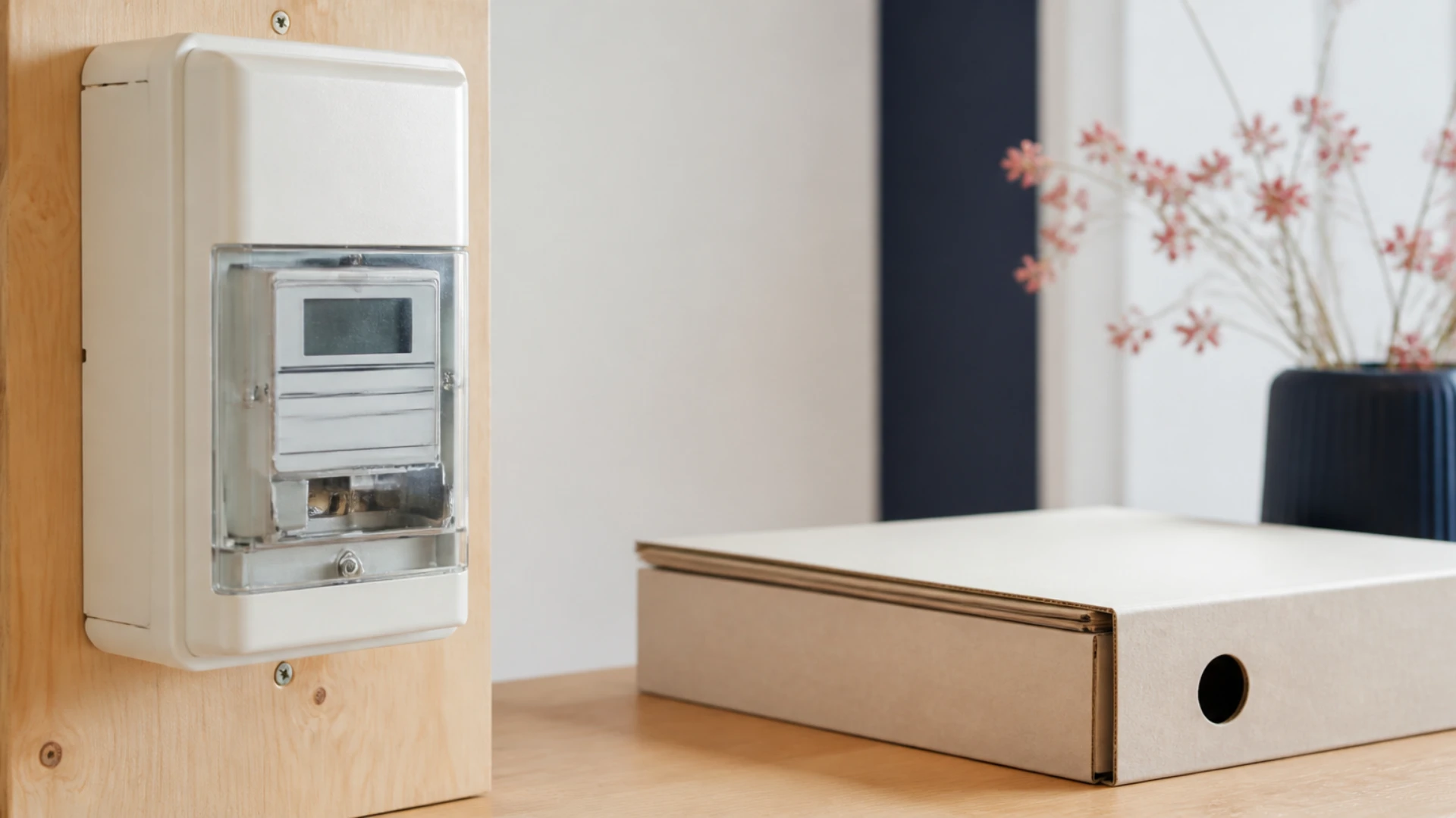 Compteur électrique fermé sur un panneau en bois à côté d'une chemise cartonnée