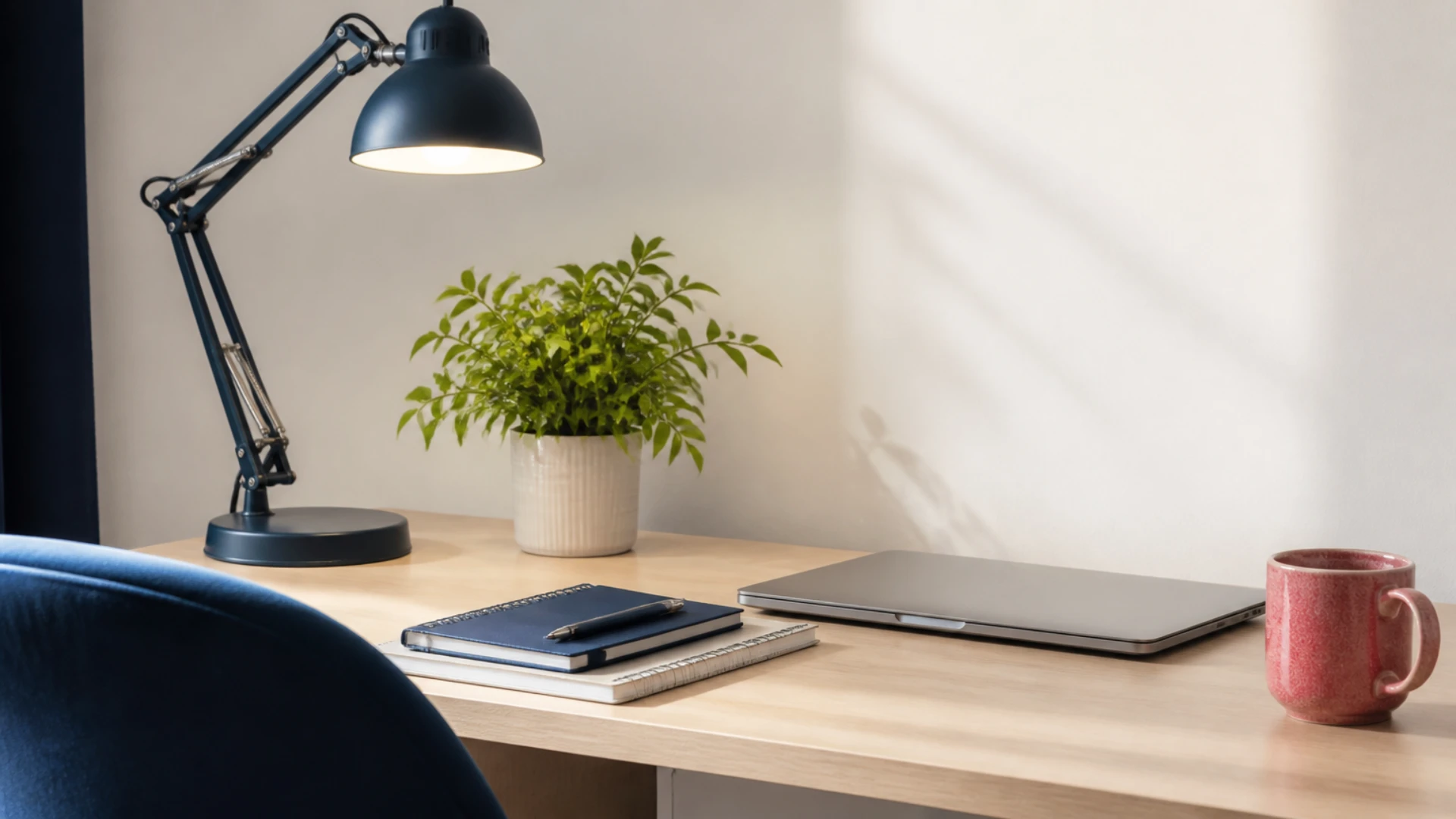 Bureau d'indépendant avec ordinateur portable fermé, carnet et lampe d'architecte allumée