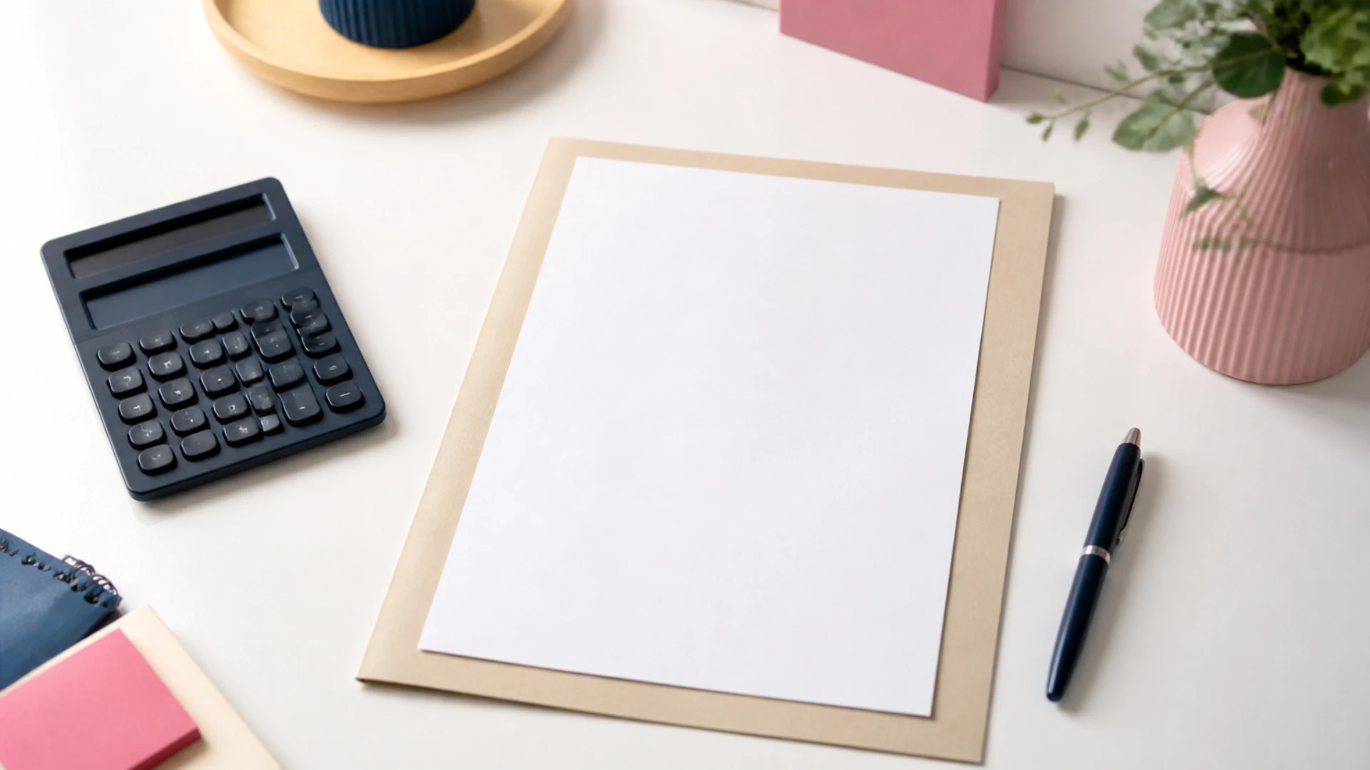 Facture vierge posée sur une chemise cartonnée à côté d'une calculatrice