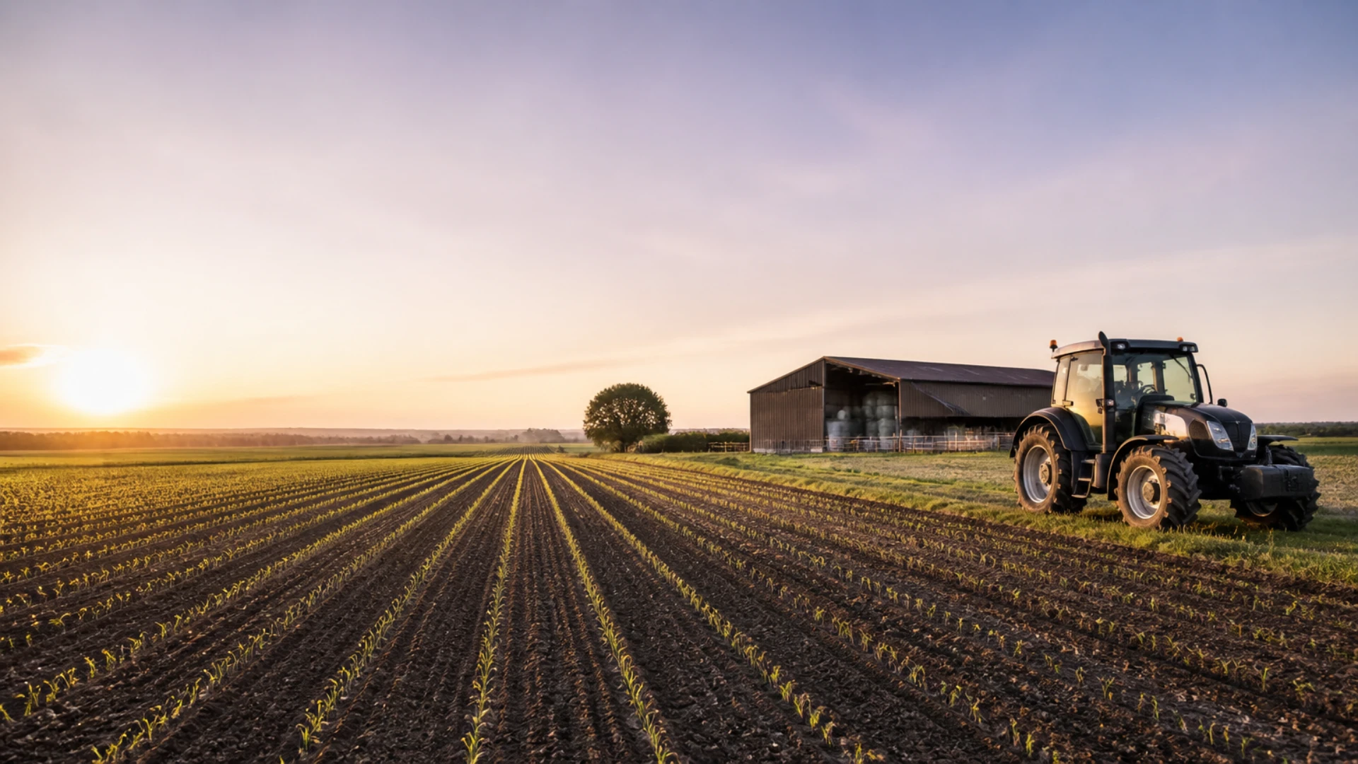 Champ cultivé au petit matin avec tracteur à l’arrêt et hangar agricole en arrière-plan