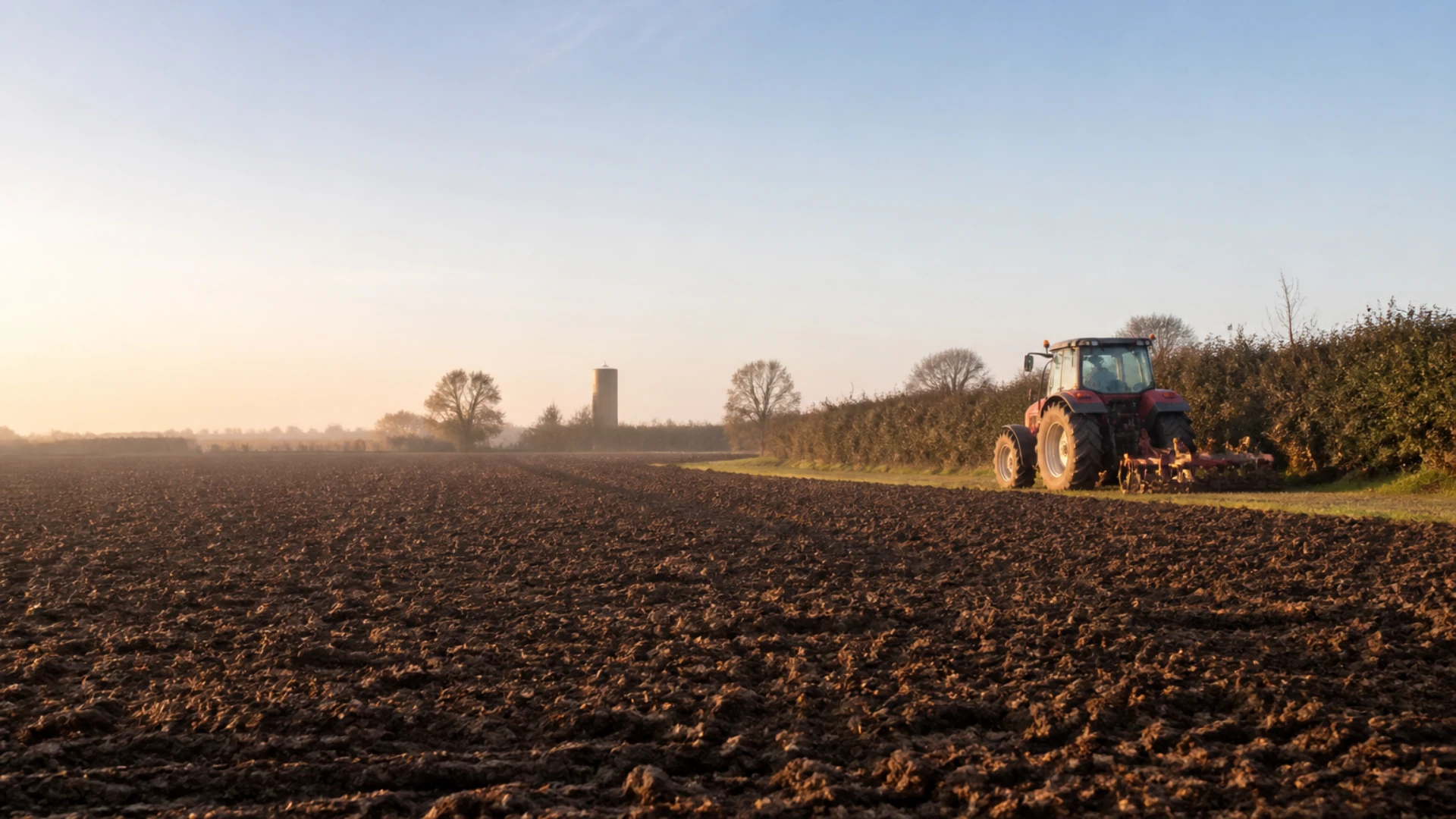 Champ labouré avec un tracteur à l'arrêt en bordure au petit matin