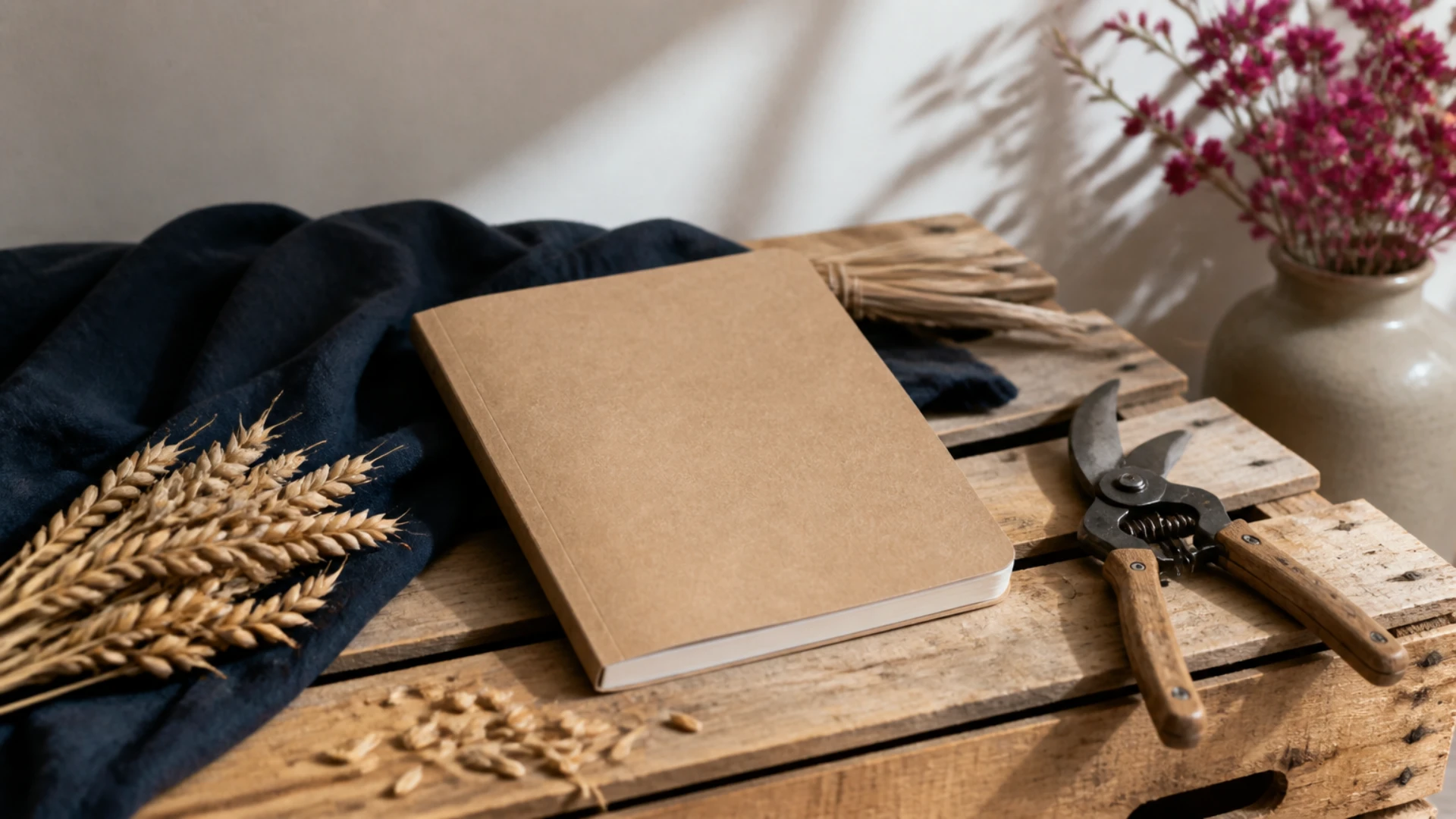 Carnet de cultures fermé posé sur une caisse en bois près d'un sécateur et de grains