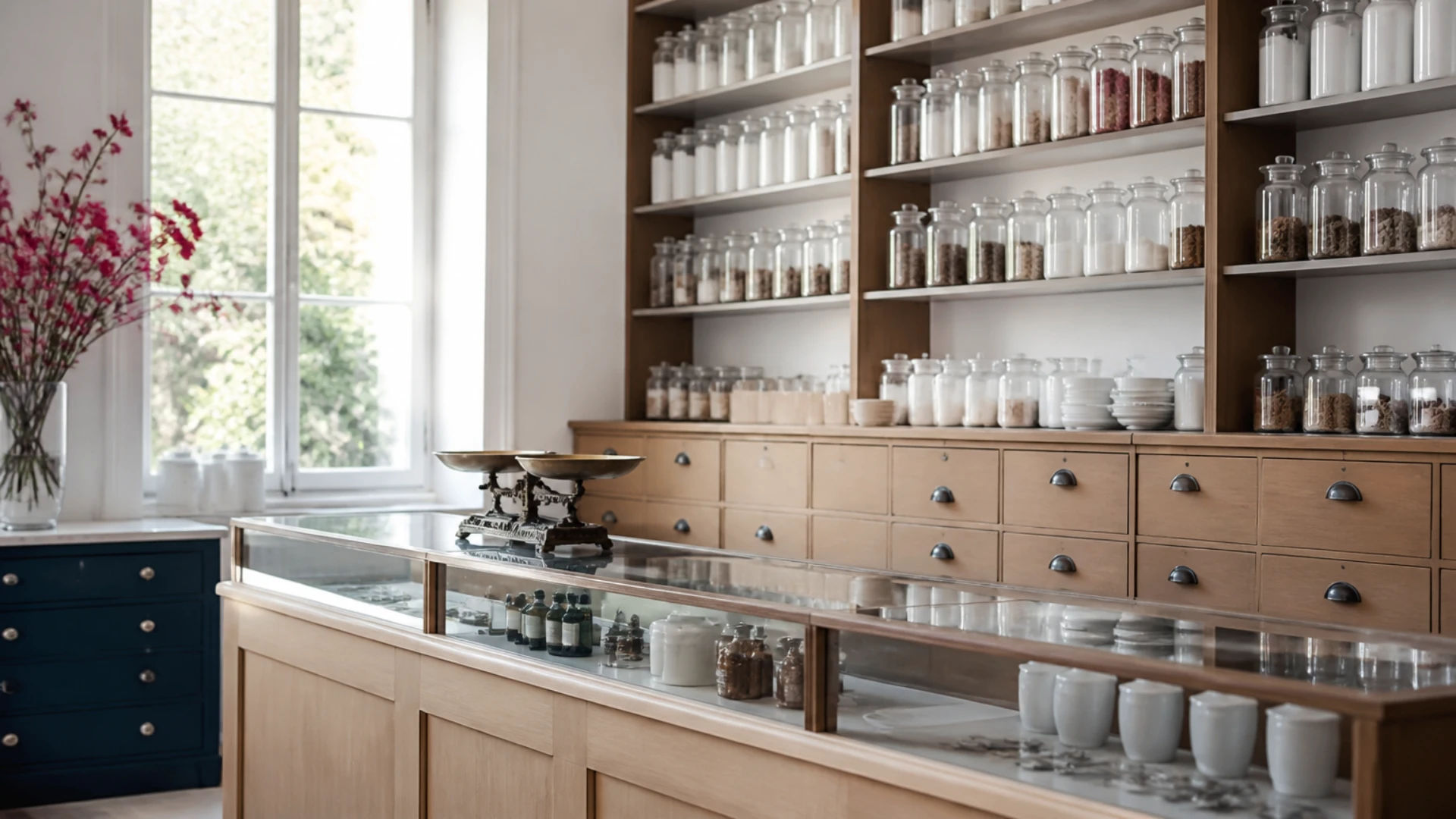 Intérieur d'officine désert avec tiroirs de rangement, comptoir vitré et bocaux alignés