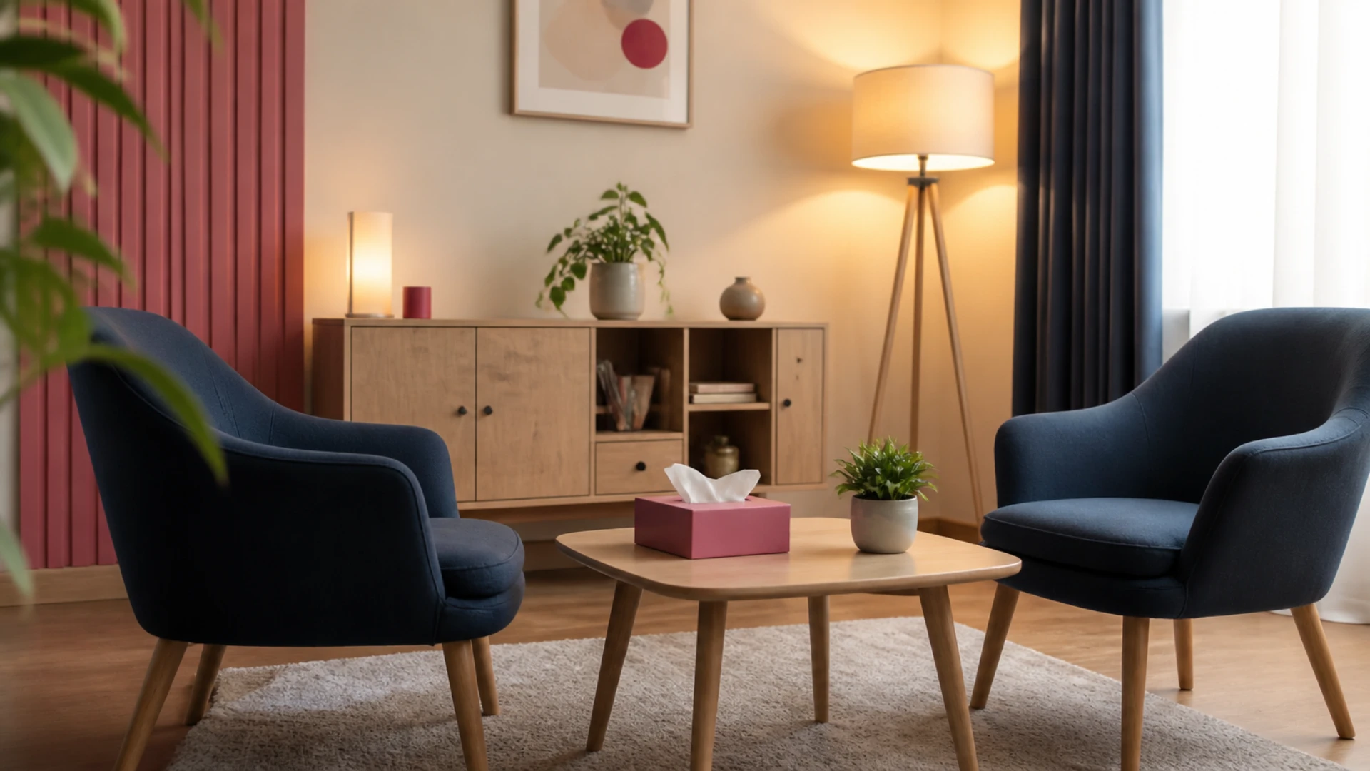 Deux fauteuils se faisant face autour d'une table basse dans un cabinet de psychologue