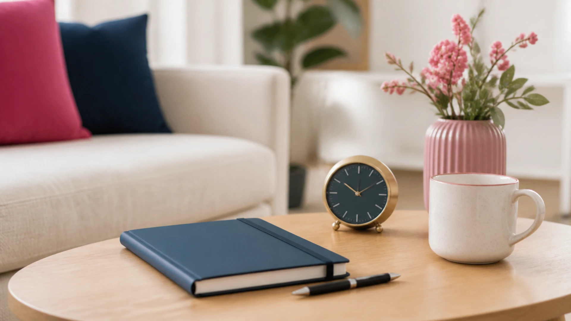 Carnet fermé et stylo posés sur une table basse à côté d'une petite horloge