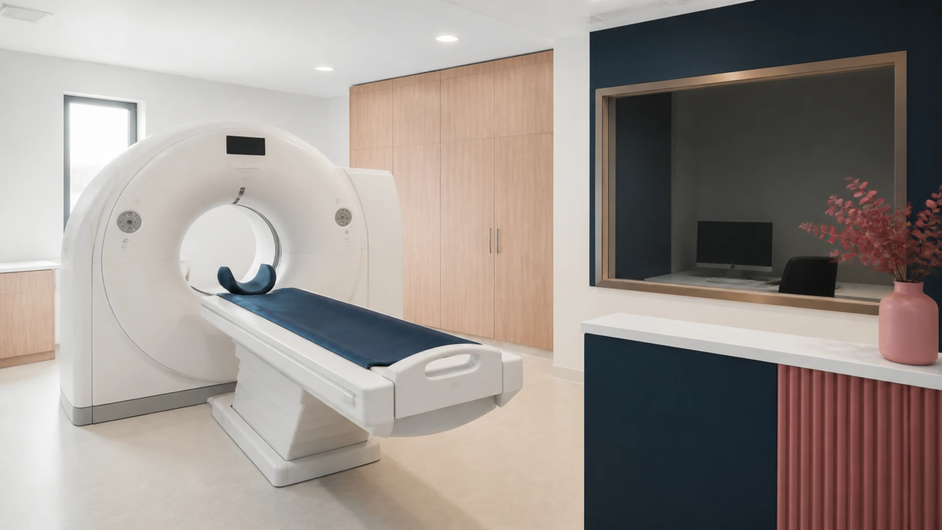 Salle d'imagerie médicale déserte avec scanner blanc et table d'examen
