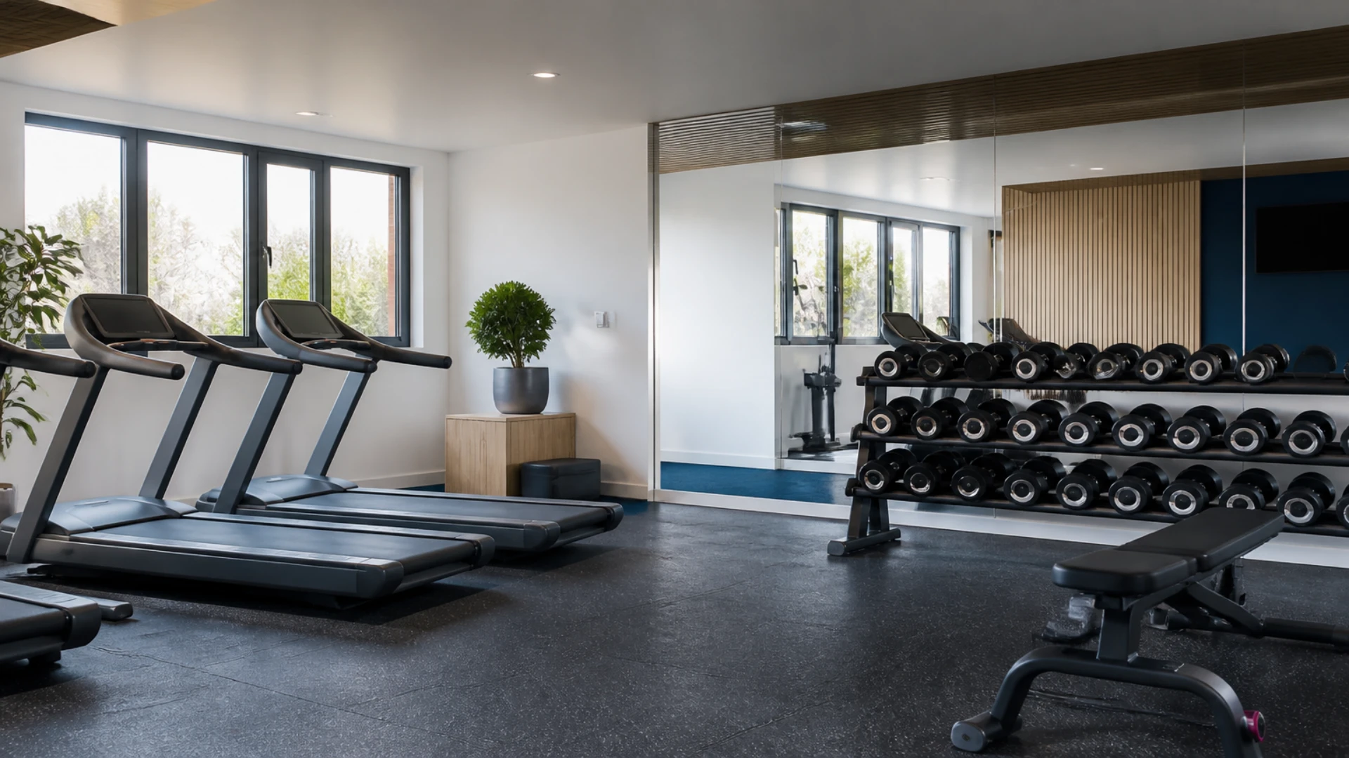 Salle de sport vide avec haltères rangés sur un râtelier et tapis de course à l'arrêt
