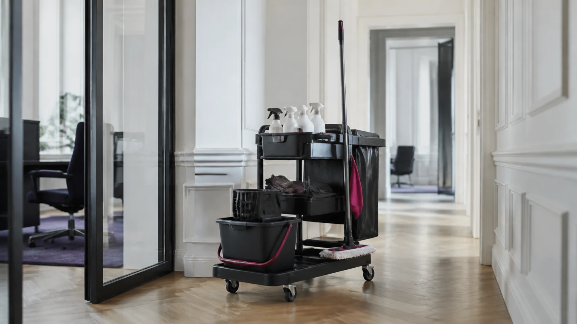 Chariot de ménage professionnel dans un couloir de bureaux haussmanniens