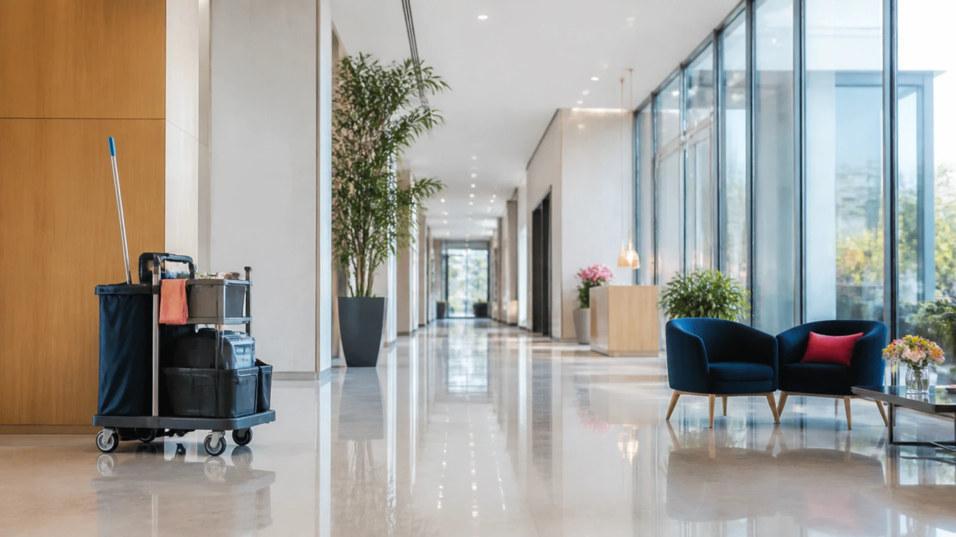 Chariot de ménage à l'arrêt dans un hall d'immeuble de bureaux au petit matin