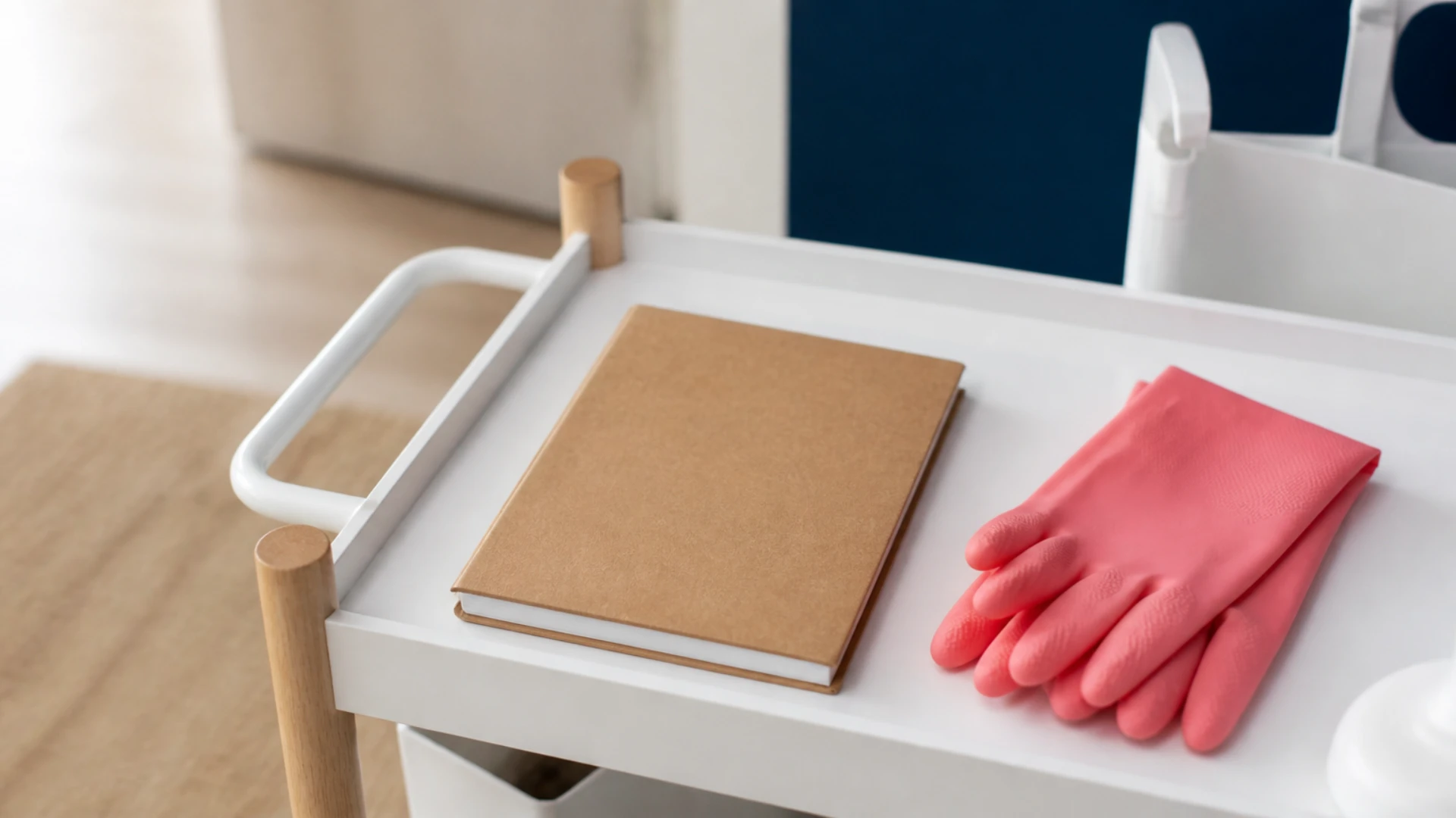Cahier de passage fermé posé sur un chariot de ménage à côté de gants pliés