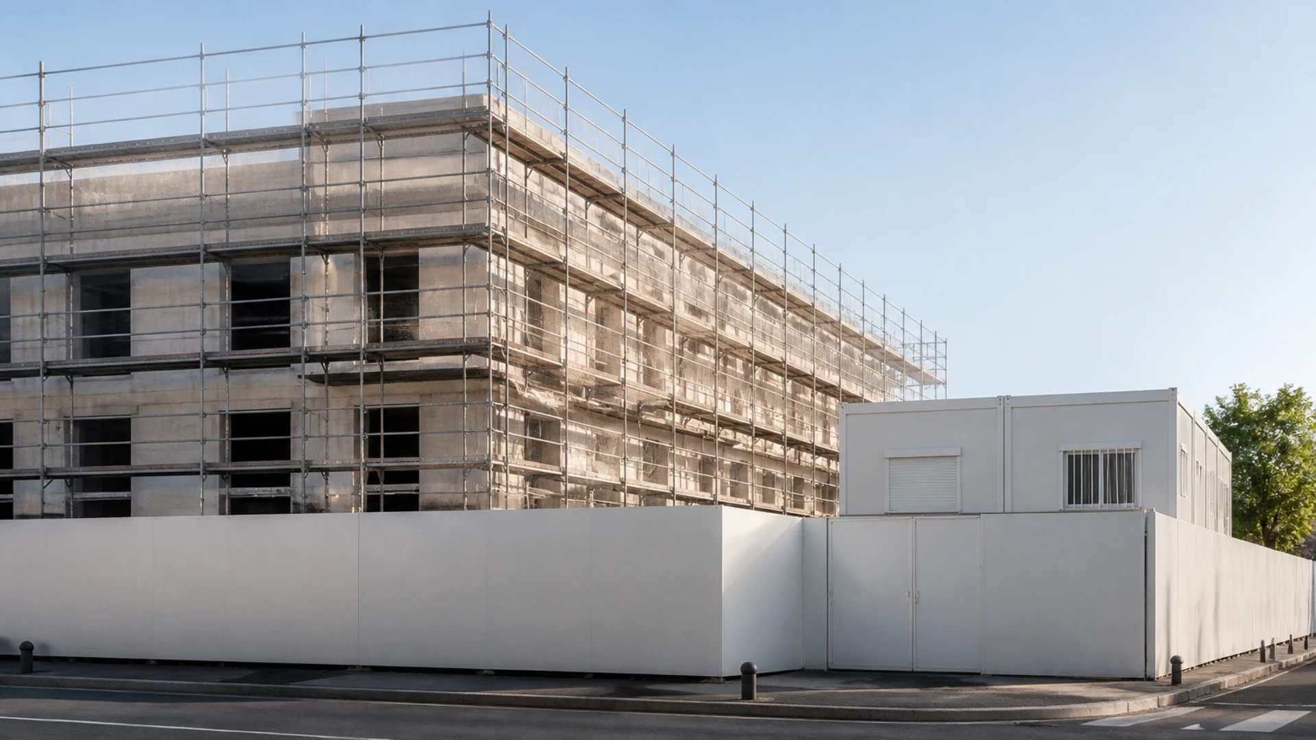 Chantier de promotion immobilière sous échafaudage vu depuis la rue, palissade neutre