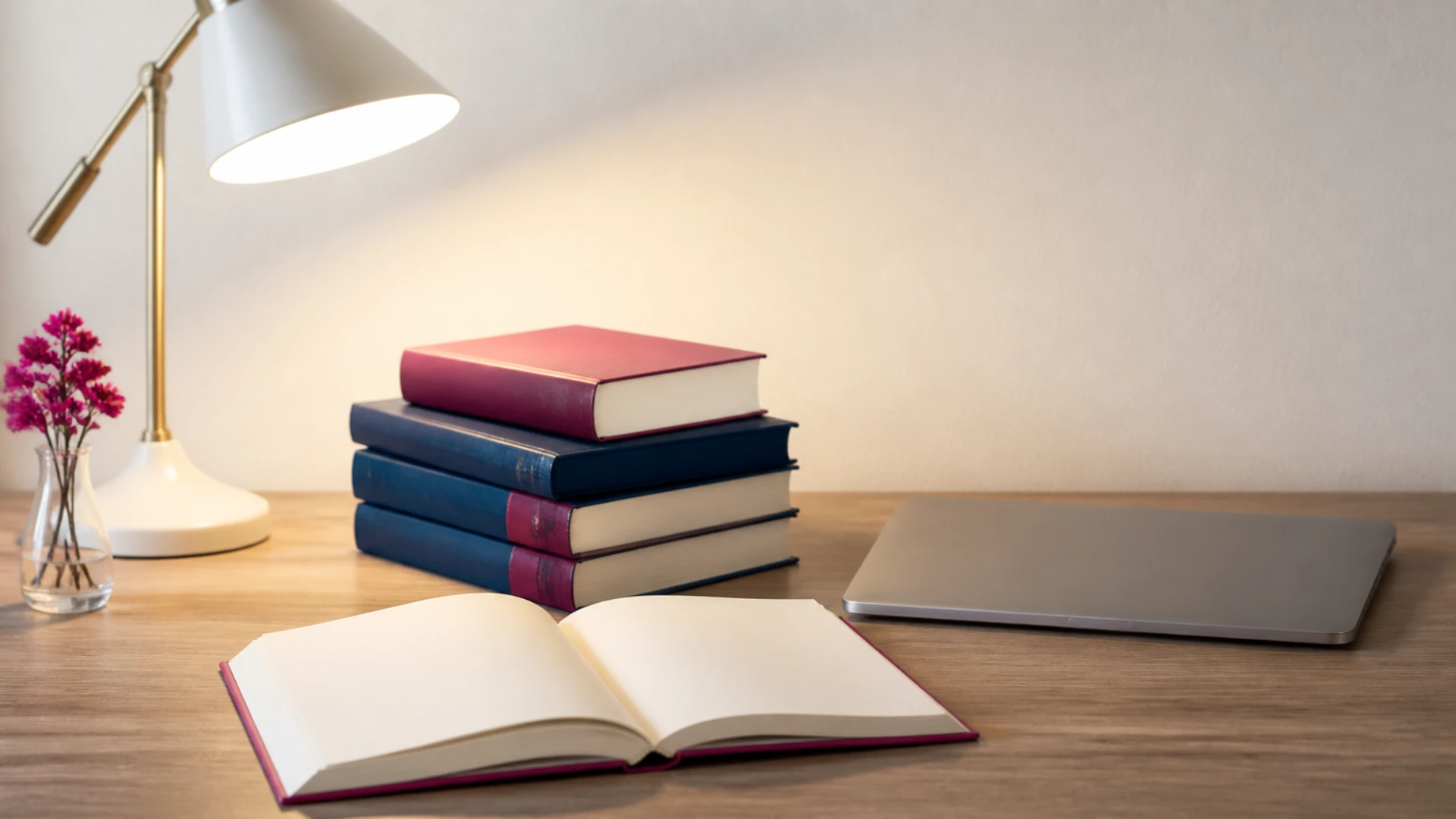 Dictionnaires bilingues empilés et carnet ouvert sur des pages vierges sur le bureau d'un traducteur