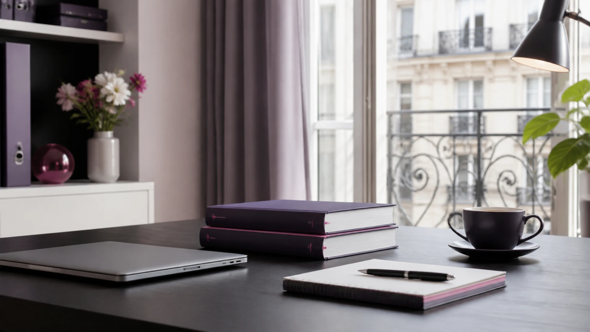 Bureau de traducteur avec dictionnaires fermés, carnet et ordinateur portable fermé