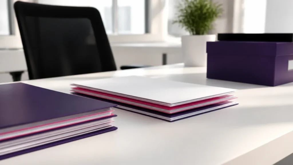 Chemises et feuilles empilées sur un bureau blanc à côté d'une boîte de rangement violette