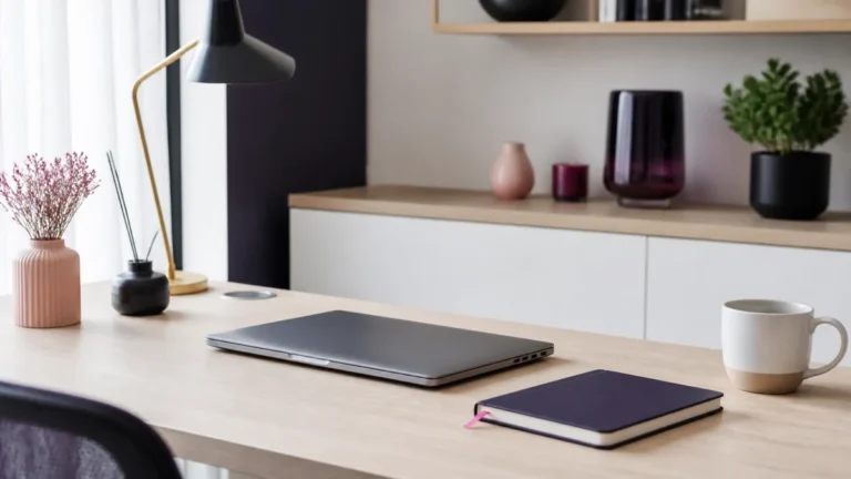 Ordinateur portable fermé, carnet violet et tasse sur un bureau en bois clair près d'une fenêtre