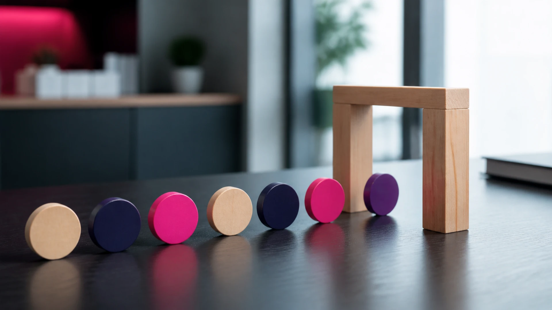 File de jetons de couleurs différentes se présentant successivement devant un portique