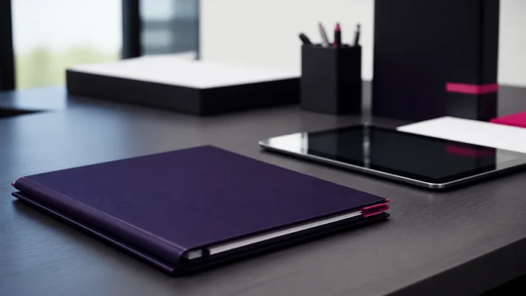 Parapheur violet fermé et tablette éteinte sur un bureau sombre avec un pot à crayons