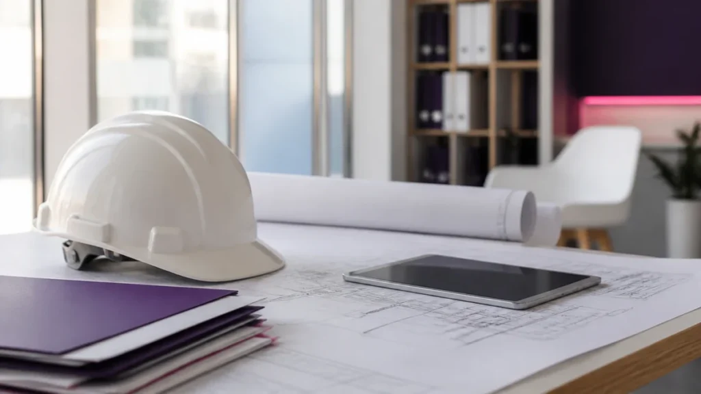 Casque de chantier blanc, plans techniques déroulés et tablette éteinte sur un plan de travail
