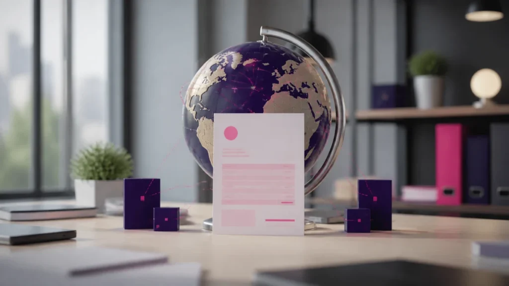 Feuille imprimée en rose dressée devant un globe violet et doré relié à de petits blocs