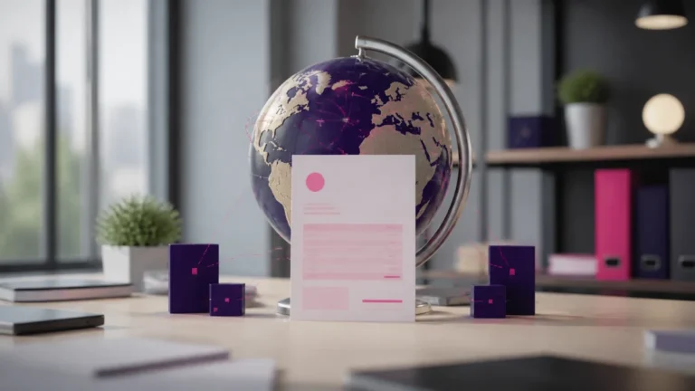 Feuille imprimée en rose dressée devant un globe violet et doré relié à de petits blocs