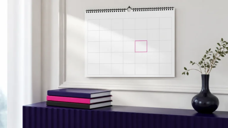 Calendrier vierge dont une case est entourée, au-dessus d'une pile de dossiers fermés