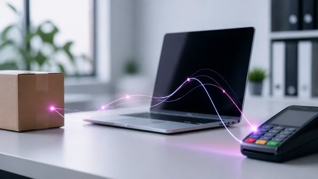 Carton, ordinateur portable et terminal de paiement reliés par des courbes lumineuses roses