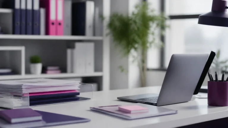 Bureau blanc avec ordinateur portable ouvert, classeurs violets et roses et pile de dossiers
