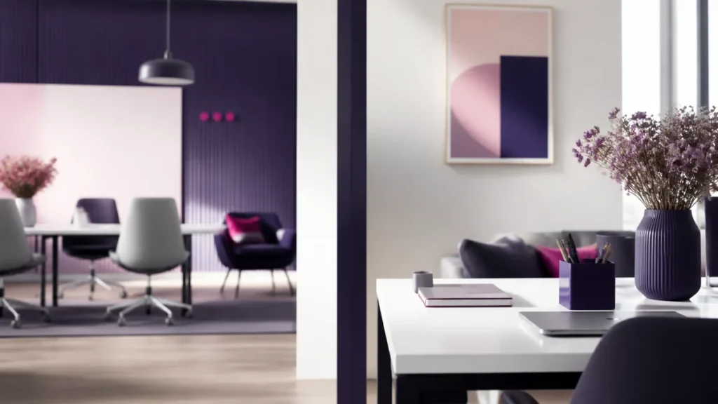 Salle de réunion violette vue depuis un poste de travail blanc avec carnets et grand vase
