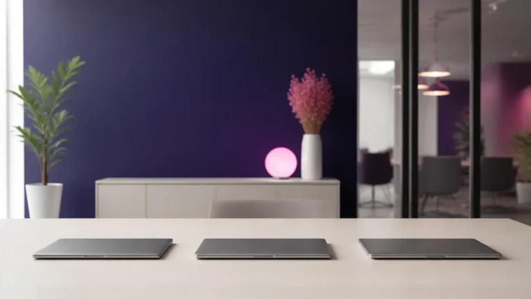 Trois ordinateurs portables fermés alignés sur une table claire dans un bureau au mur violet