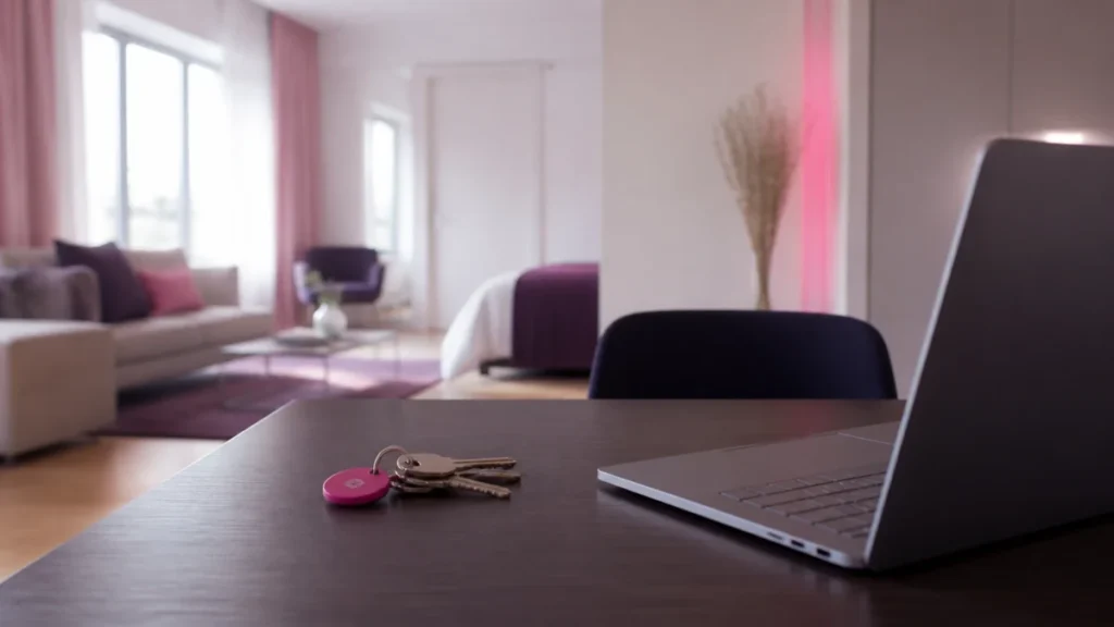Clés posées sur une table sombre devant un séjour meublé aux tons rose et violet