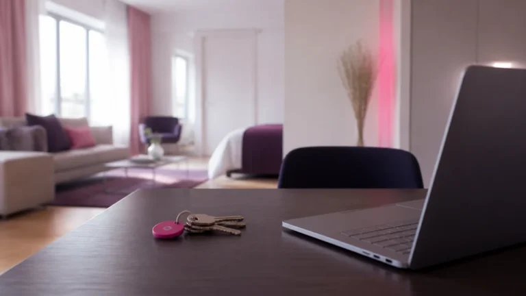 Clés posées sur une table sombre devant un séjour meublé aux tons rose et violet