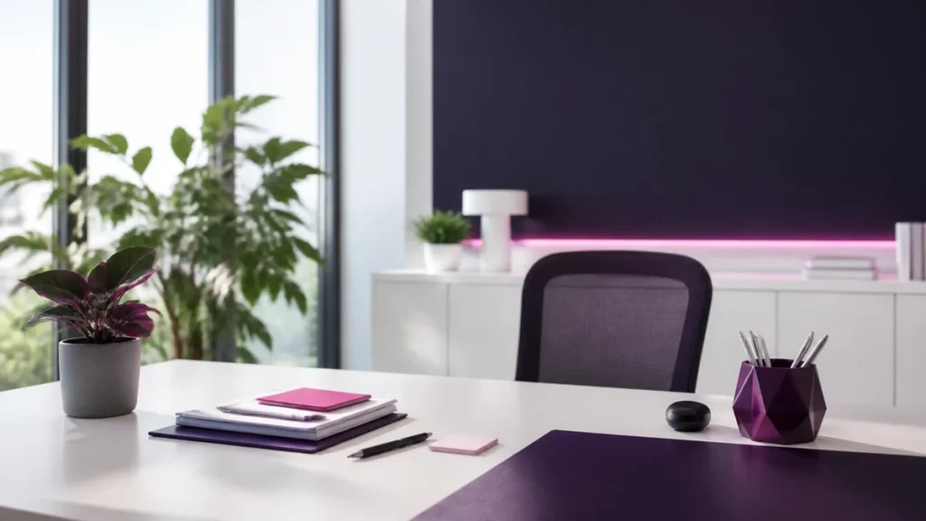 Bureau blanc avec carnets, stylo et pot à crayons devant un mur violet et de grandes plantes