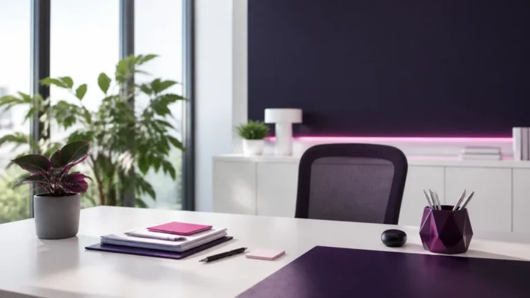 Bureau blanc avec carnets, stylo et pot à crayons devant un mur violet et de grandes plantes