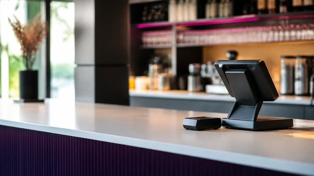 Terminal de caisse posé sur le comptoir clair d'un bar aux étagères éclairées de rose
