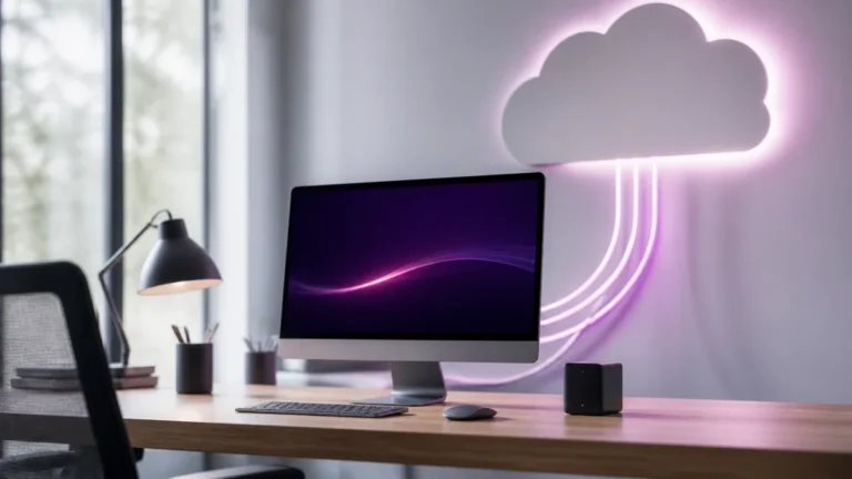 Ordinateur de bureau relié par des traits lumineux à un nuage découpé fixé au mur