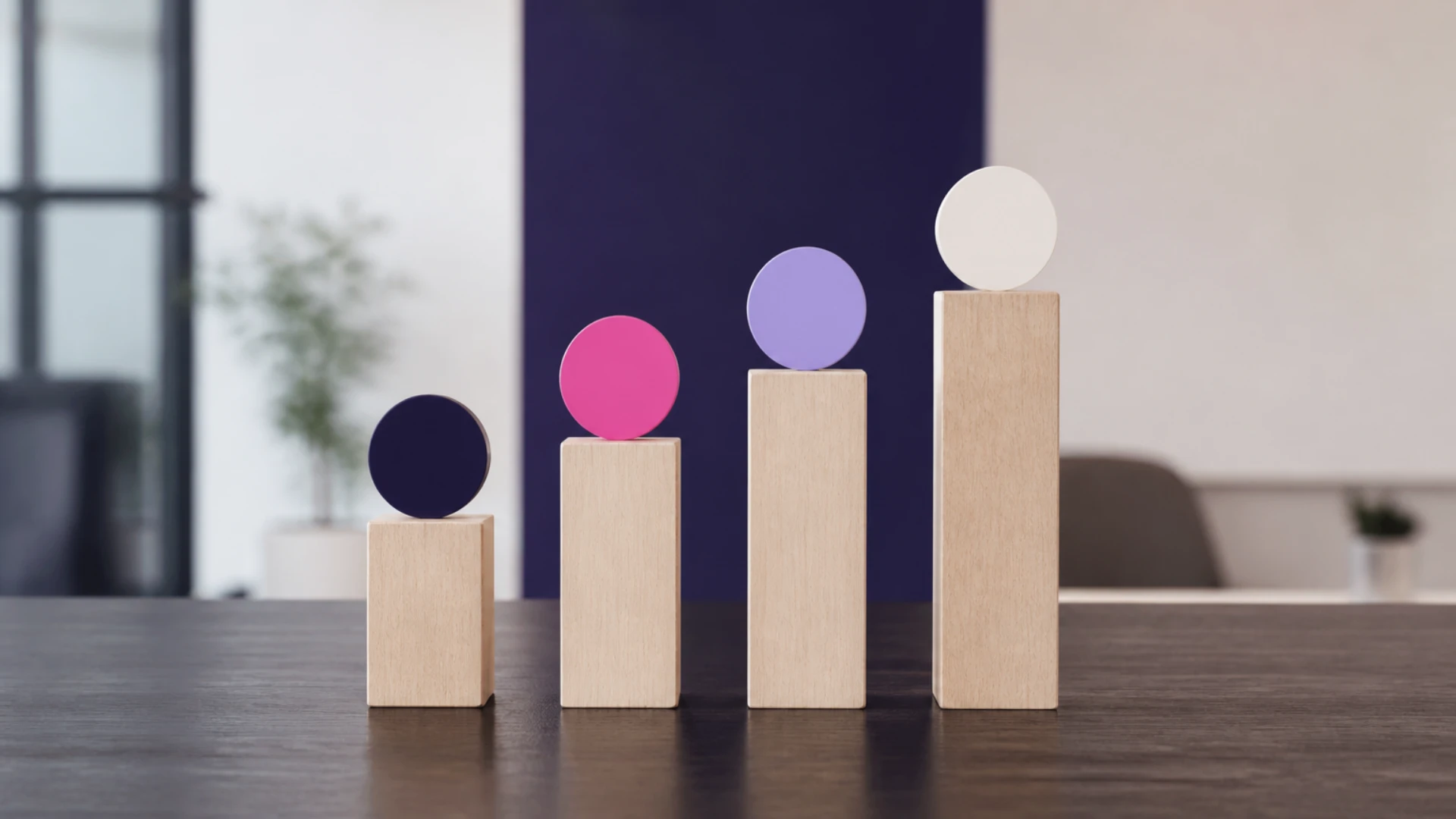 Quatre blocs de hauteurs différentes surmontés chacun d’un jeton de couleur distincte