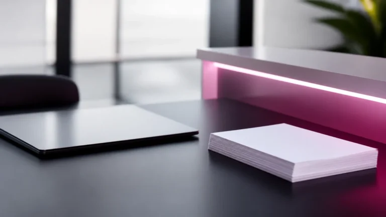 Pile de feuilles vierges et tablette éteinte sur un plan de travail noir éclairé de rose