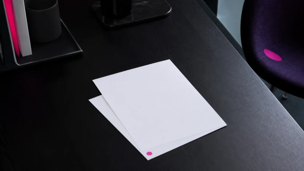 Deux feuilles vierges légèrement décalées, la seconde marquée d'une pastille de couleur