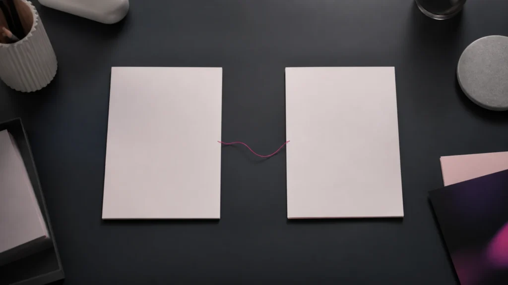 Deux feuilles vierges posées en miroir l'une de l'autre et reliées par un cordon