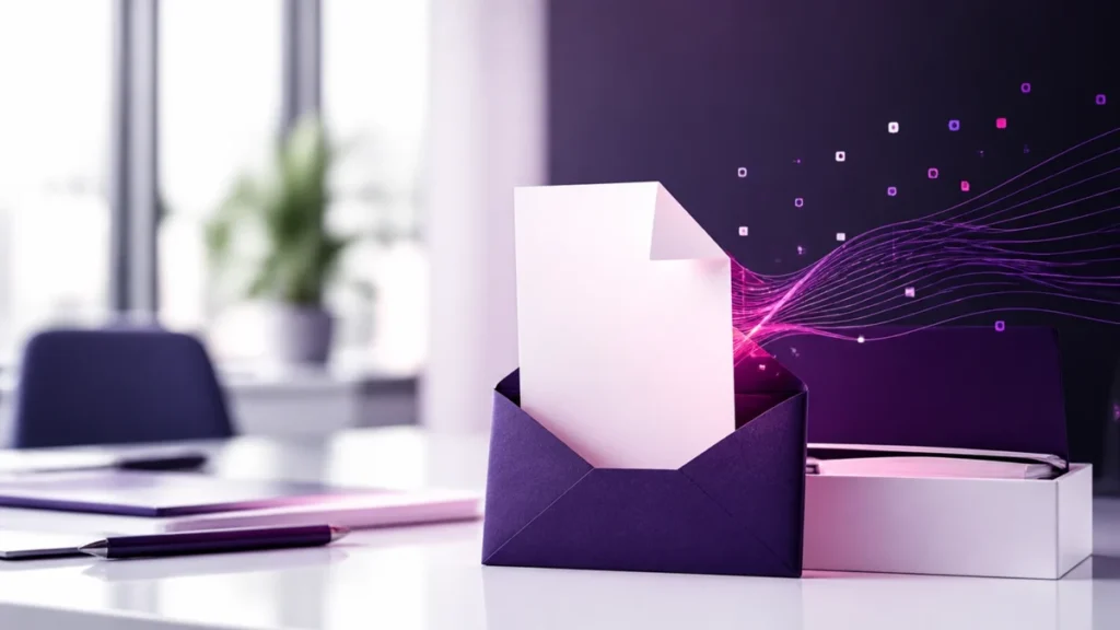 Feuille blanche sortant d'une enveloppe violette et se dispersant en particules lumineuses