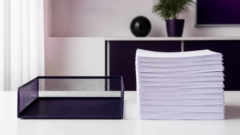 Bac à courrier vide posé à côté d'une pile de feuilles vierges nettement plus haute