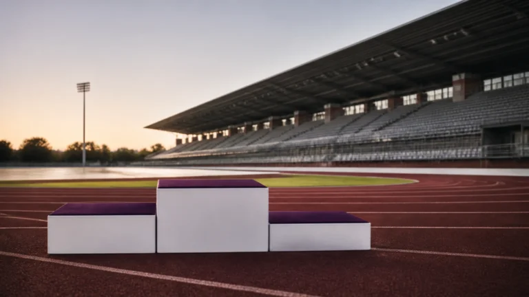 Podium sportif vide à trois marches sur une piste d'athlétisme déserte au petit matin