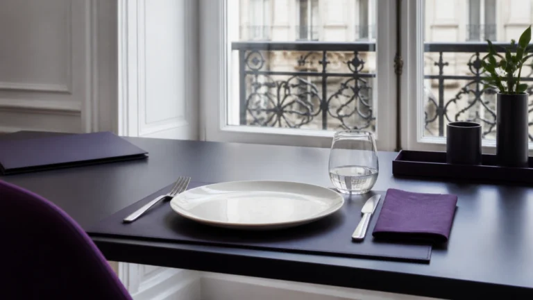 Plateau-repas posé sur un coin de bureau haussmannien à côté d'un dossier fermé
