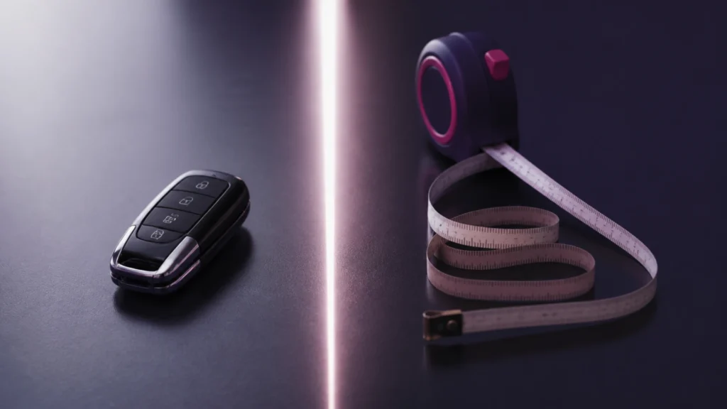 Clé de voiture et ruban de mesure posés de part et d'autre d'une ligne de lumière