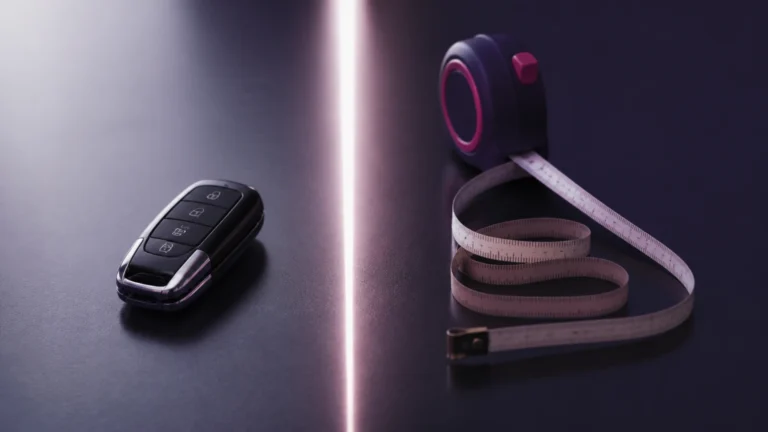 Clé de voiture et ruban de mesure posés de part et d'autre d'une ligne de lumière