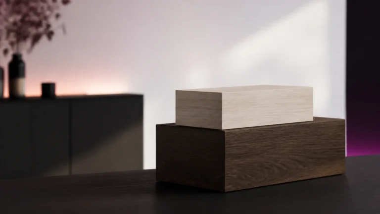 Deux blocs de bois superposés, celui du dessus plus petit et d'une essence plus claire