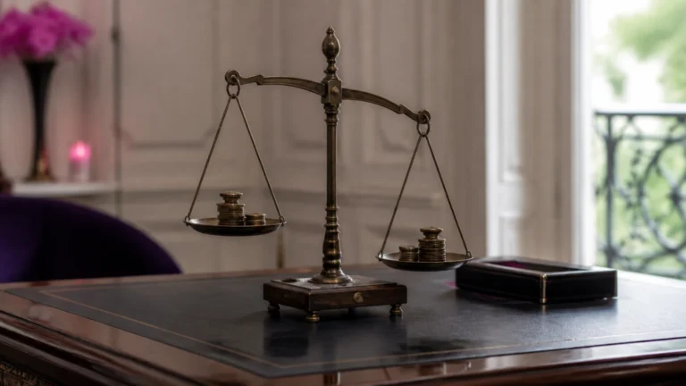 Balance ancienne à deux plateaux chargée de jetons, en léger déséquilibre